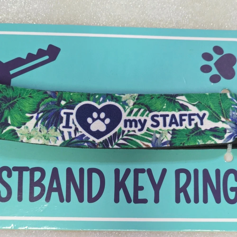 Lisa Pollock Wristband Key Ring I Heart My Staffy Dog Tropical Green New